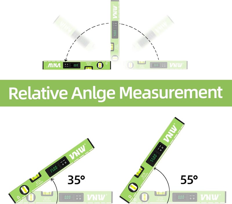 VNW 16inch Digital Level with LCD Display - Bubble Light Up Function - Multi Purpose:Magnetic Torpedo Level, Angle Finder 0-90° & 0-180° Range -Leveler Tool for Woodwork,Saw & Home Leveling (Green) - Image 3